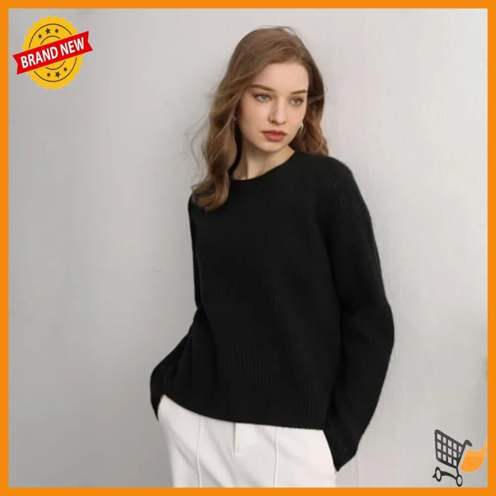 Cashmere Crewneck Pullover Sweater Ribbed Long Sleeve Women's Winter Essential